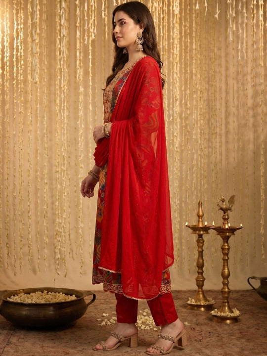 Designer Red Printed Anarkali Suit Set with Dupatta for Women