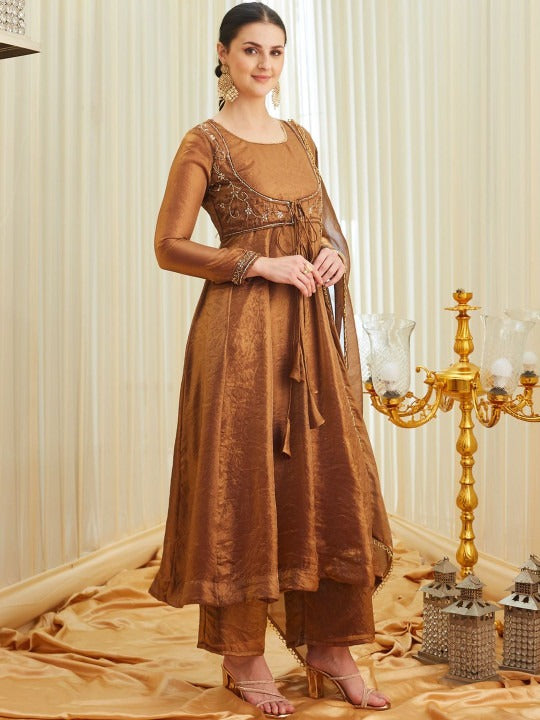 Elegant Brown Anarkali Suit Set with Dupatta for Women
