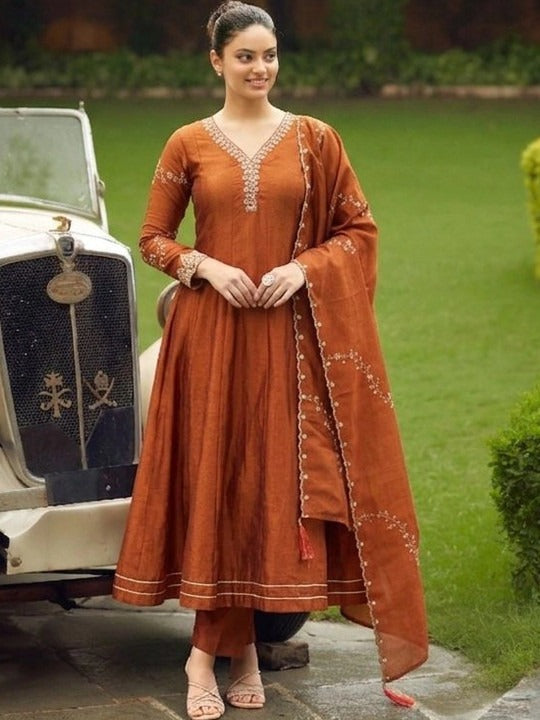Elegant Rust Orange Anarkali Suit Set with Dupatta for Women