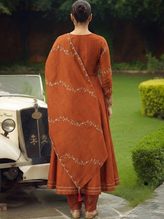 Elegant Rust Orange Anarkali Suit Set with Dupatta for Women