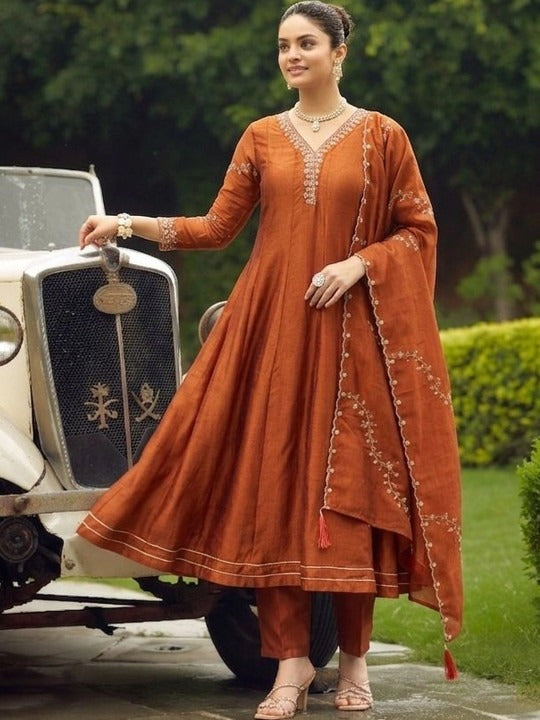 Elegant Rust Orange Anarkali Suit Set with Dupatta for Women