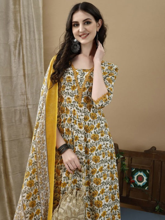 Floral Printed Anarkali Kurta Pant Set with Dupatta for Women
