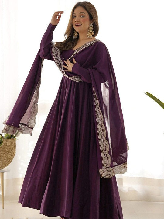 Elegant Purple Anarkali Gown with Dupatta for Women