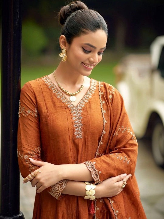 Elegant Rust Orange Anarkali Suit Set with Dupatta for Women