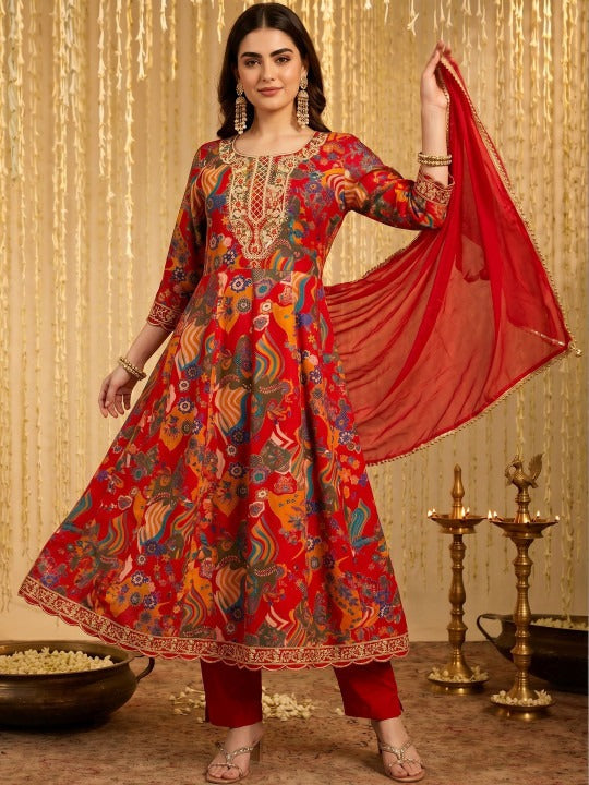 Designer Red Printed Anarkali Suit Set with Dupatta for Women