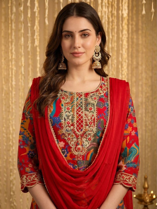 Designer Red Printed Anarkali Suit Set with Dupatta for Women