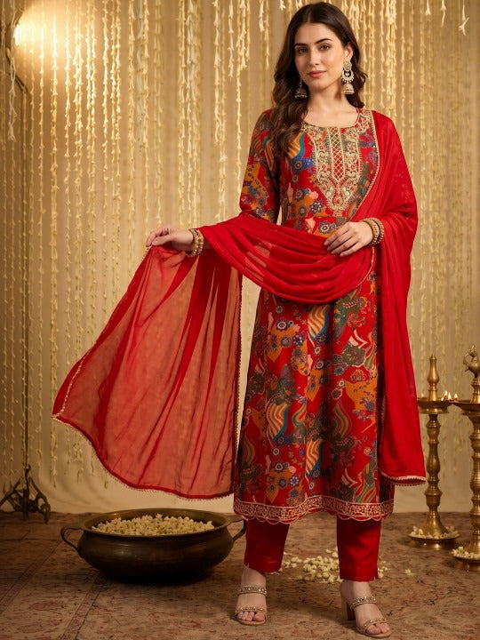 Designer Red Printed Anarkali Suit Set with Dupatta for Women
