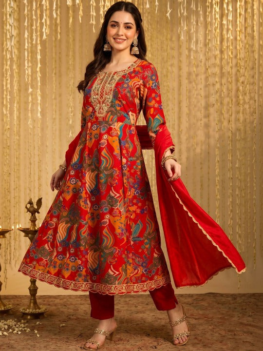 Designer Red Printed Anarkali Suit Set with Dupatta for Women