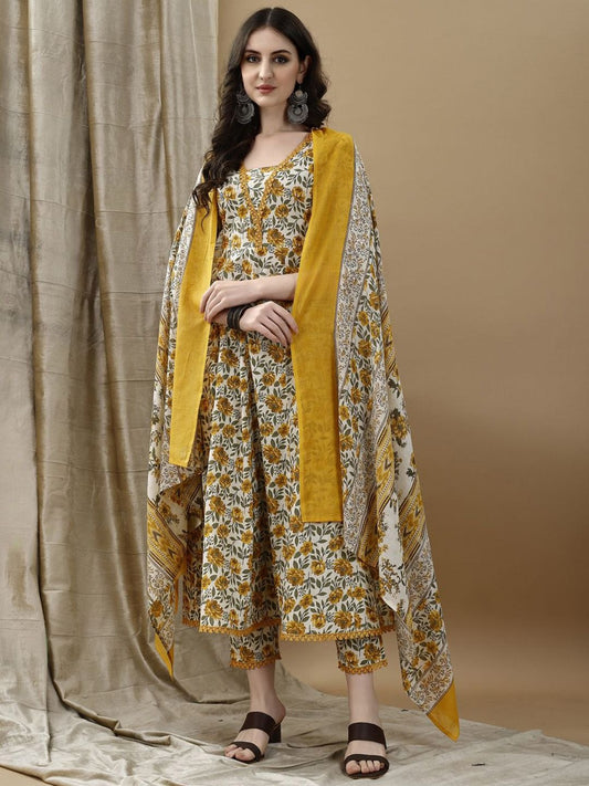 Floral Printed Anarkali Kurta Pant Set with Dupatta for Women