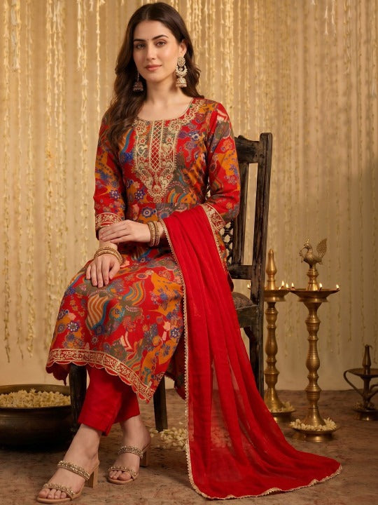 Designer Red Printed Anarkali Suit Set with Dupatta for Women