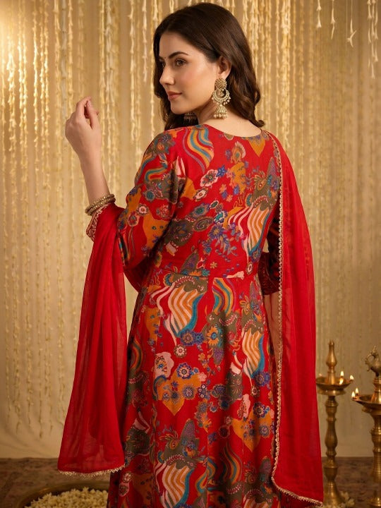 Designer Red Printed Anarkali Suit Set with Dupatta for Women